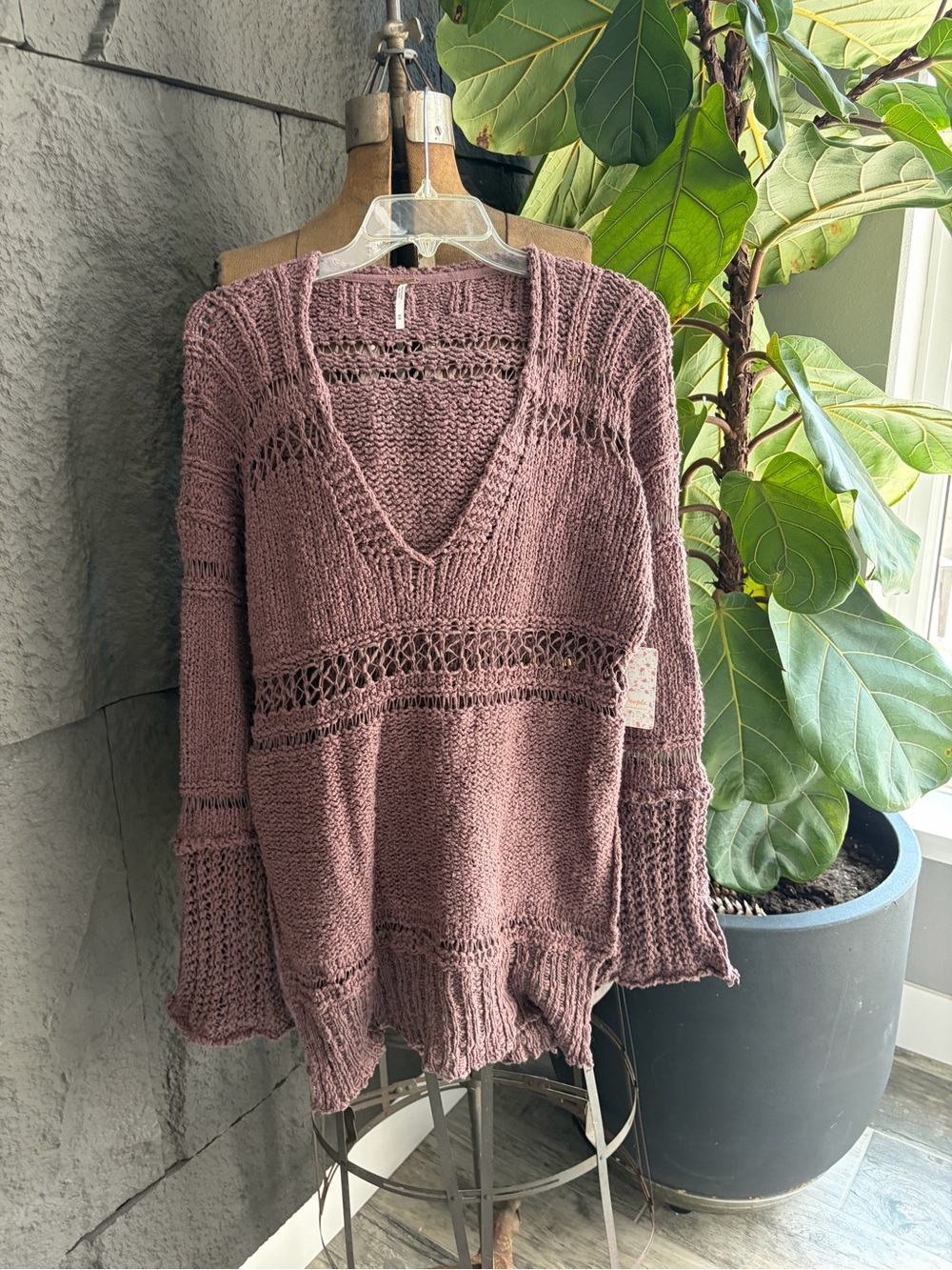 Free People Open-Knit V-Neck Sweater in Mauve